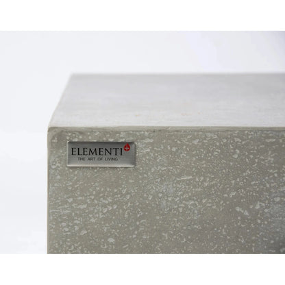 Gray speckled concrete Elementi Plus Monte Carlo fire table side table with metallic plaque and element brand name