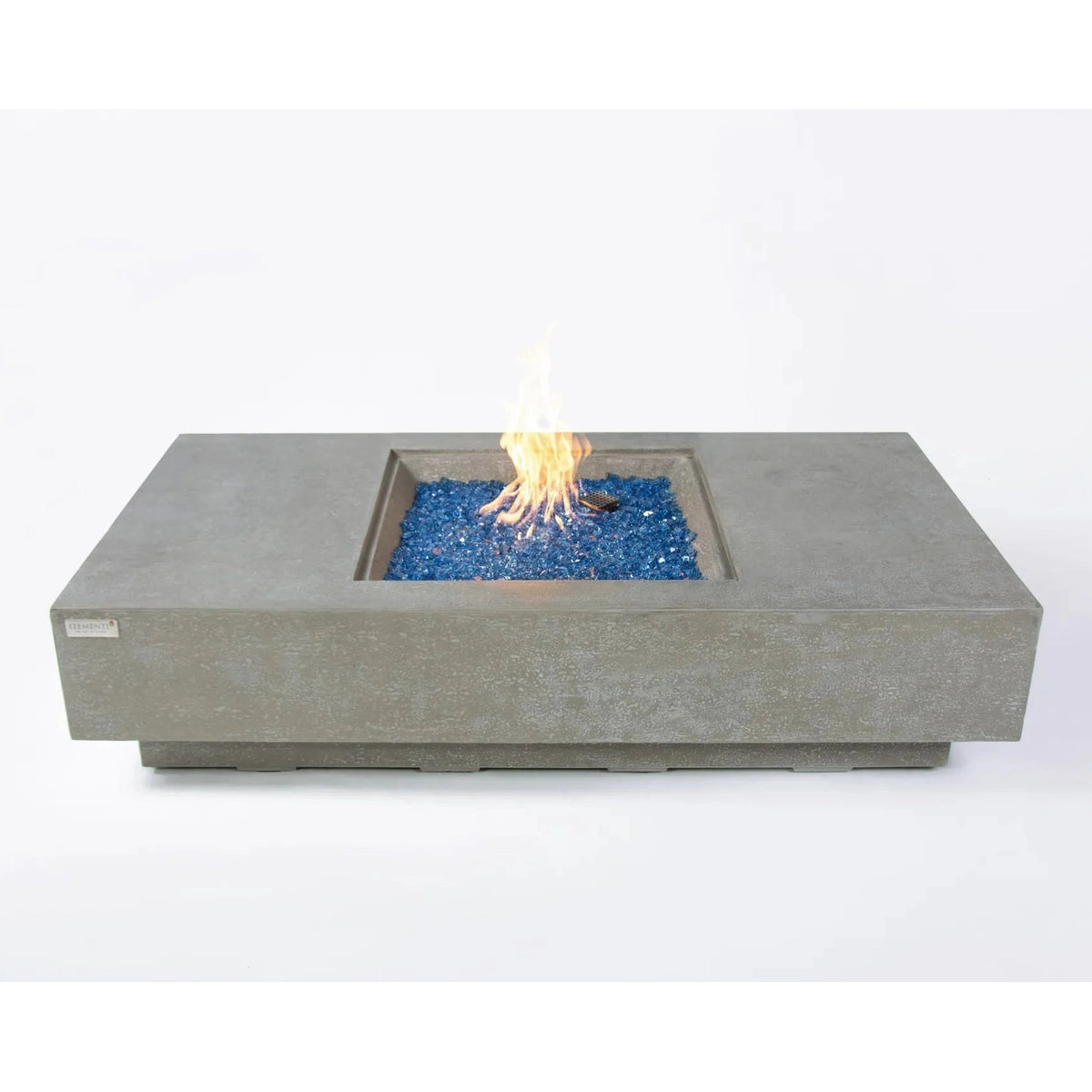 Modern concrete elementi plus monte carlo fire table with blue glass beads and active flame rectangular inset