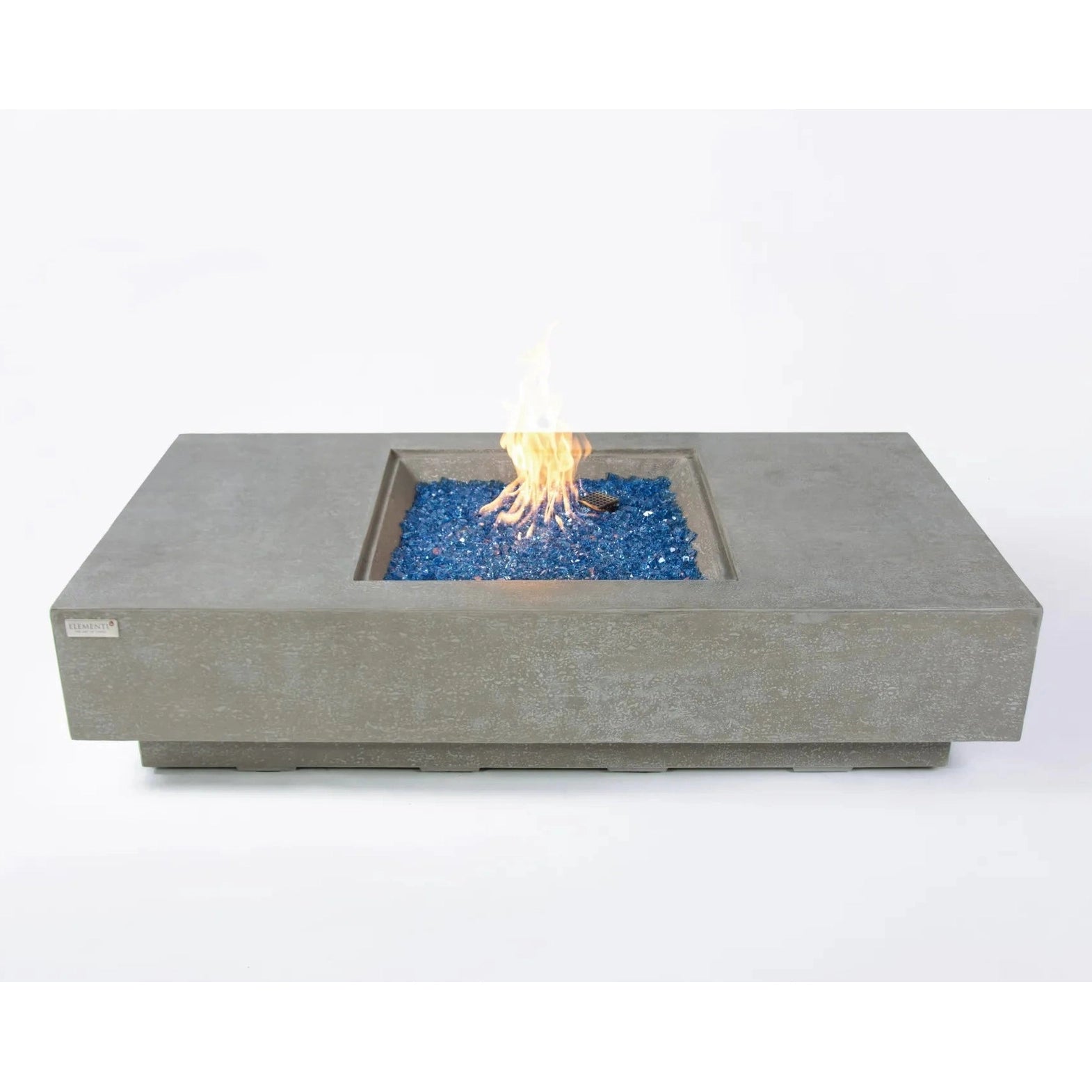 Modern concrete elementi plus monte carlo fire table with blue glass beads and active flame rectangular inset