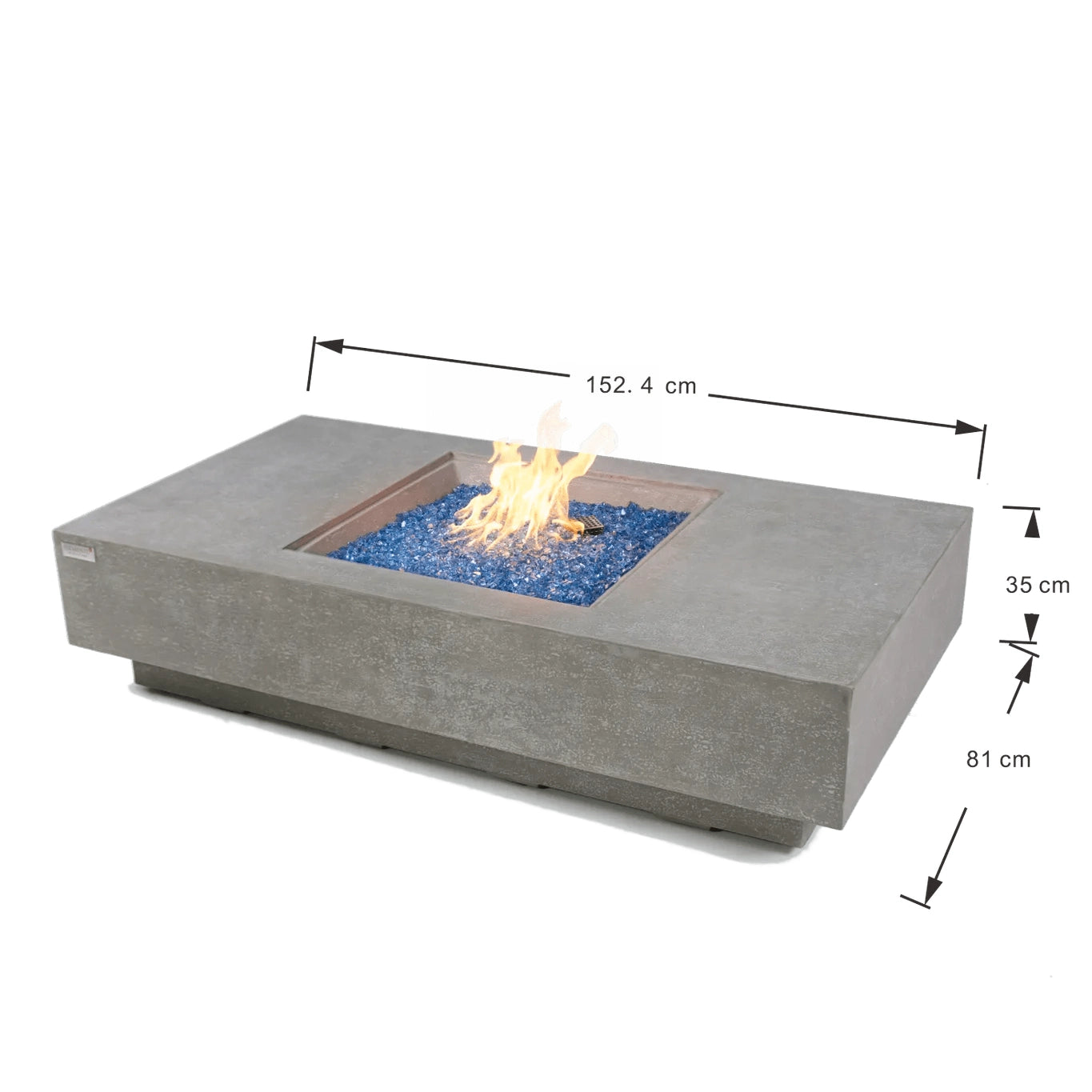 Elementi Plus Monte Carlo fire table with gray concrete body and rectangular inset of blue glass beads with flames