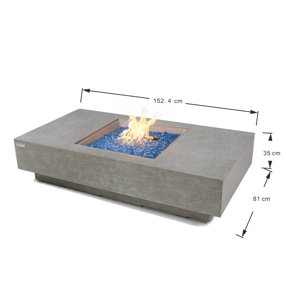 Elementi Plus Monte Carlo fire table with gray concrete body and rectangular inset of blue glass beads with flames