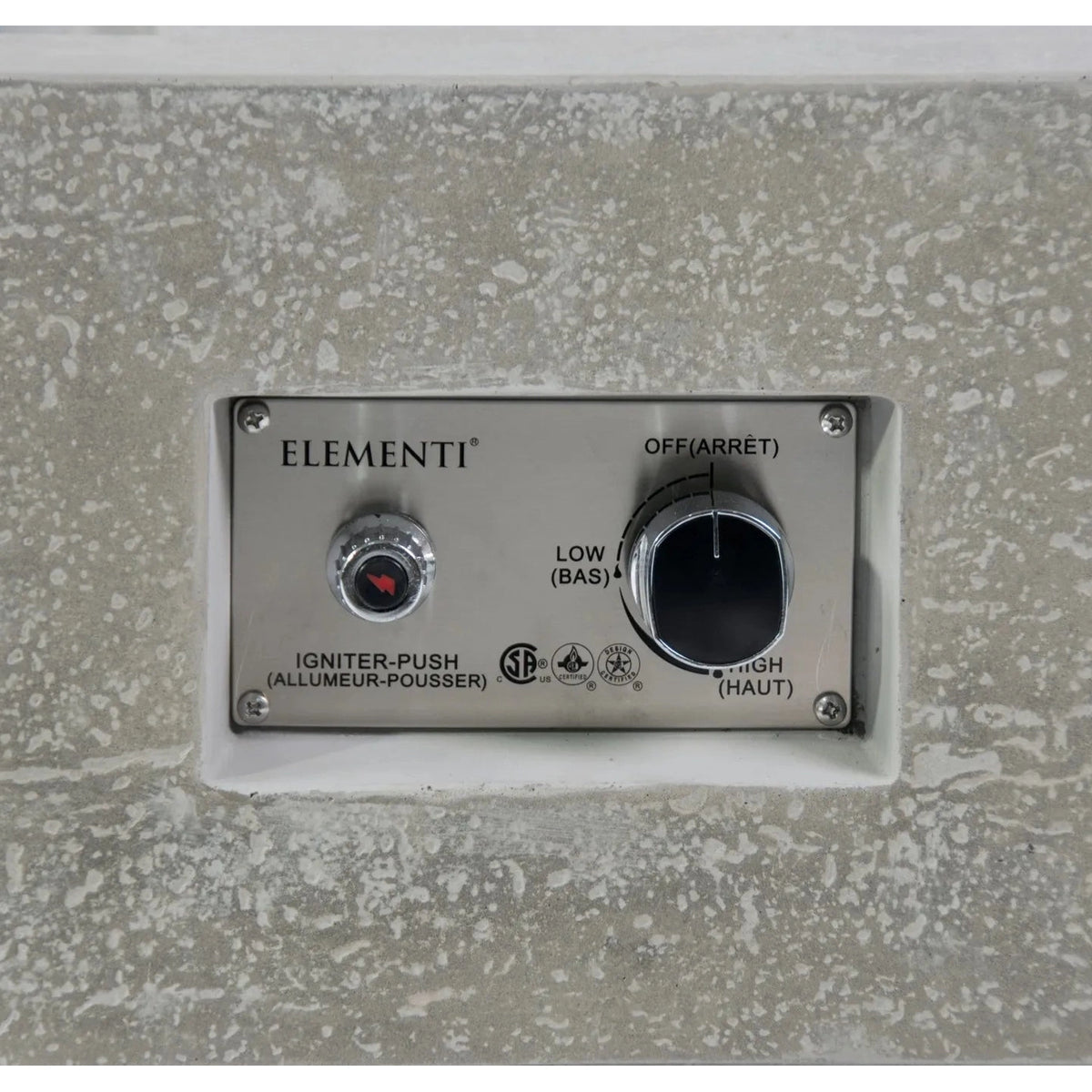 Silver metallic control panel with circular heat knob and igniter button on elementi plus monte carlo fire table 16 kw