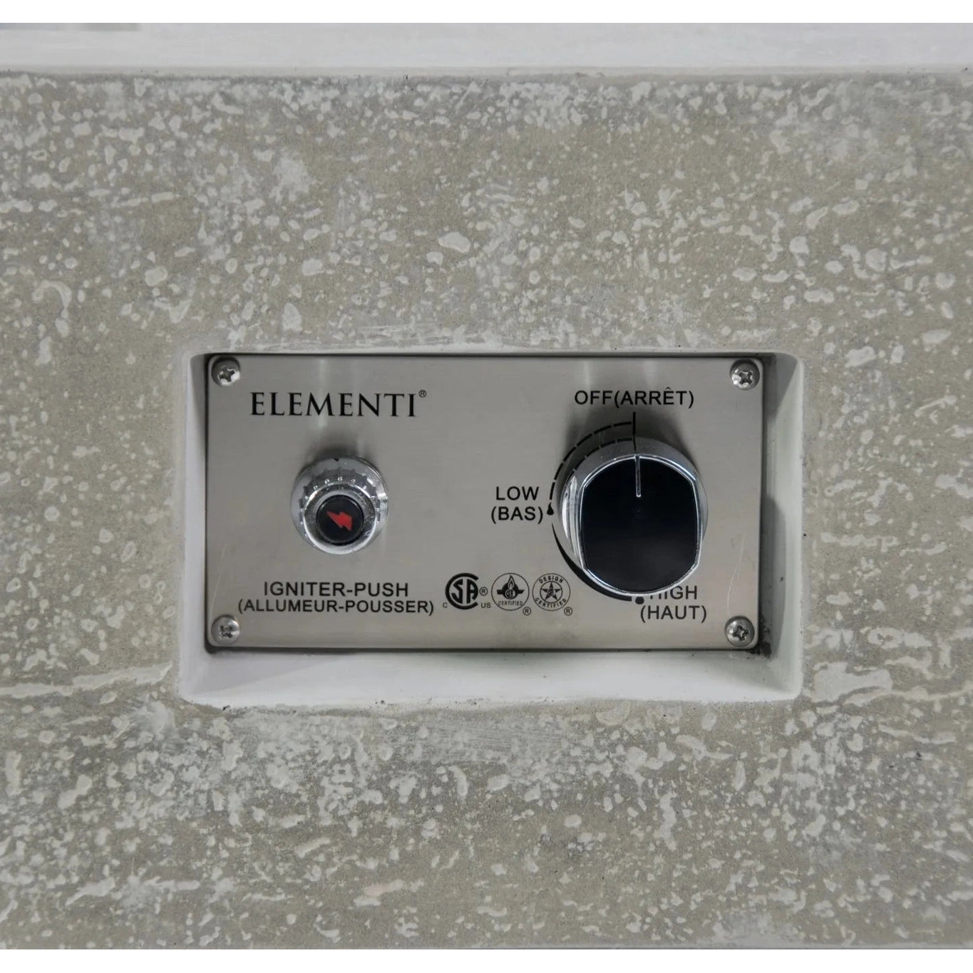 Silver metallic control panel with circular heat knob and igniter button on elementi plus monte carlo fire table 16 kw