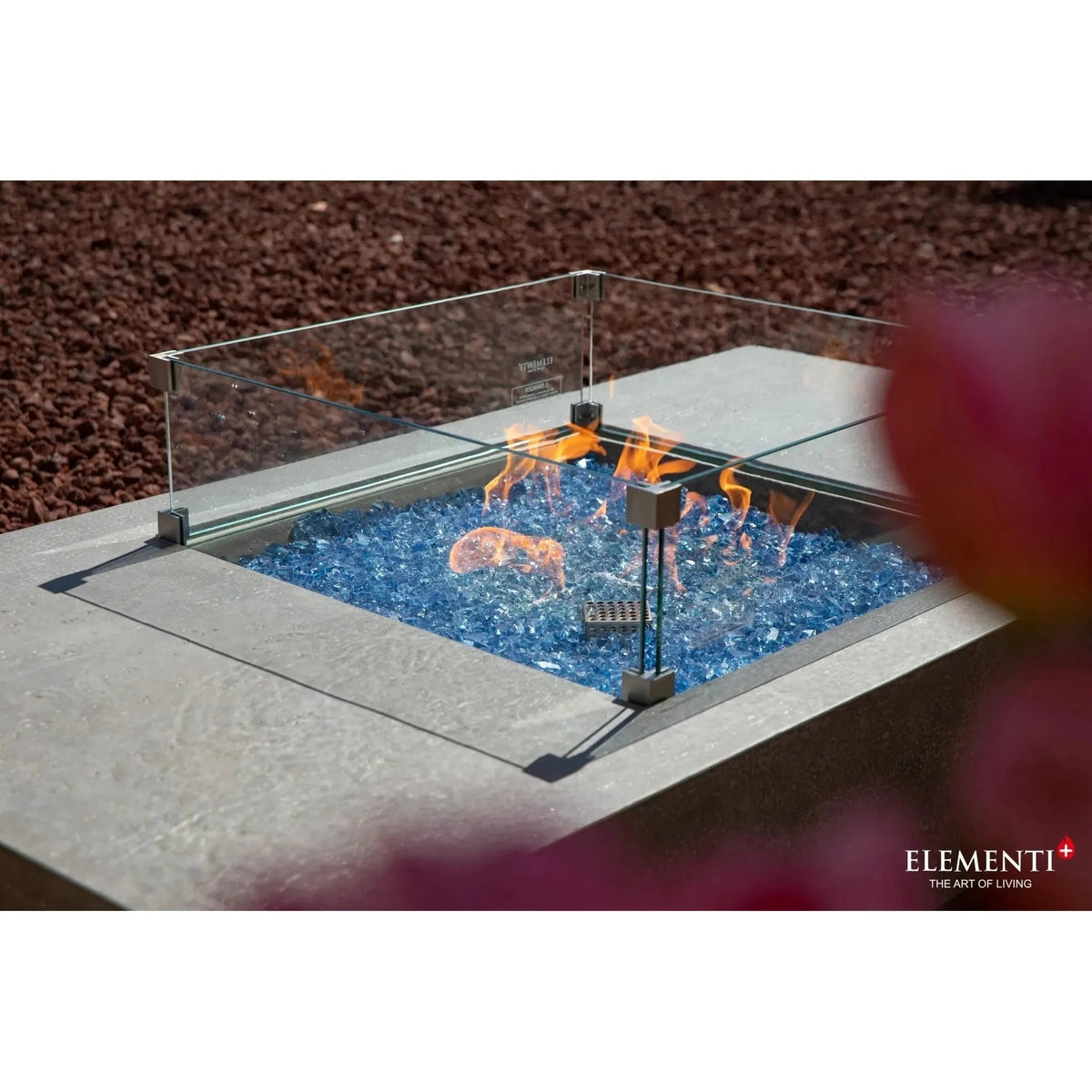 Elementi plus Monte Carlo fire table with square glass enclosure modern metallic frame and blue glass beads