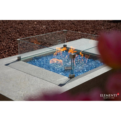 Elementi plus Monte Carlo fire table with square glass enclosure modern metallic frame and blue glass beads