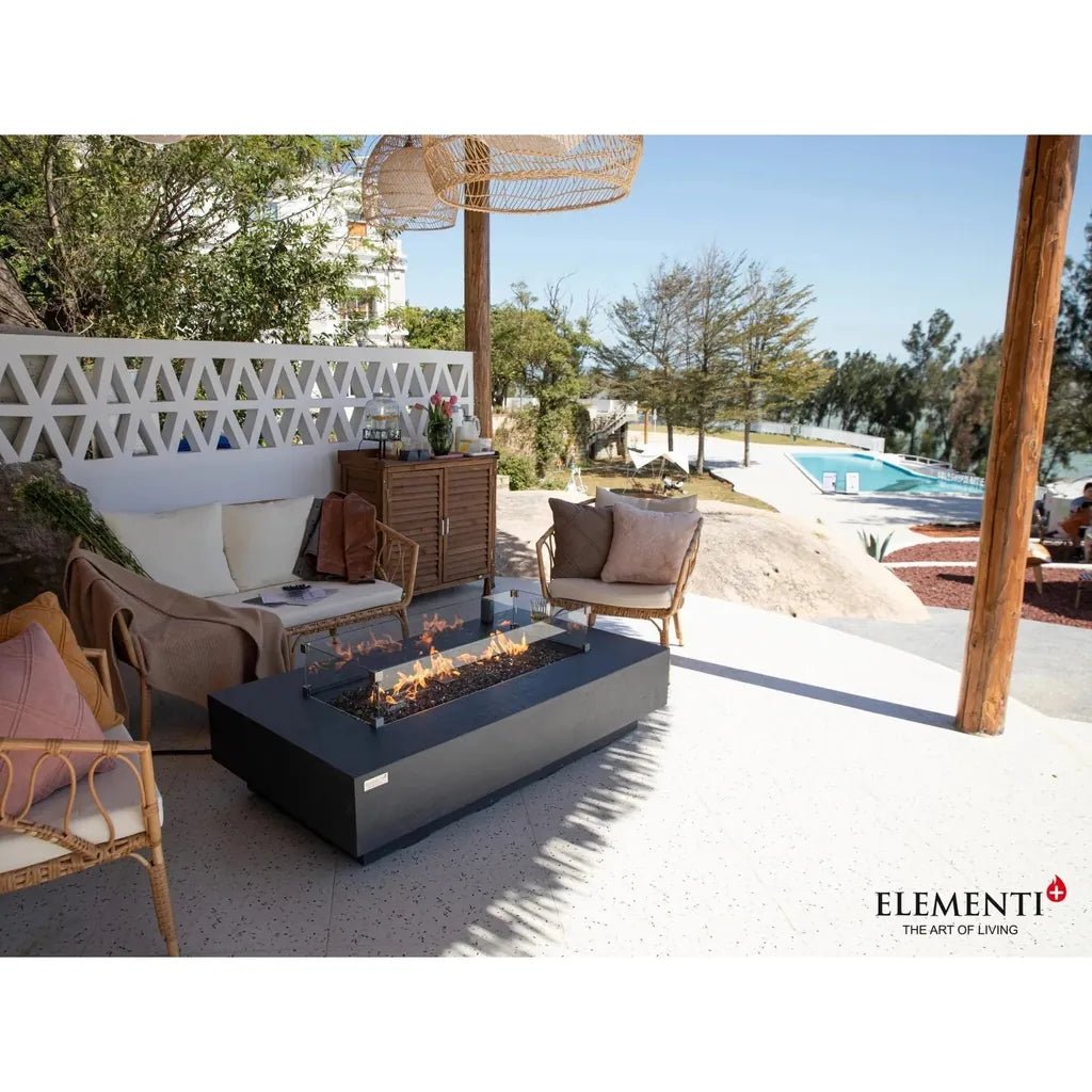 Black rectangular glass top fire pit with visible flames elementi plus positano fire table 16 kw ofg415dg