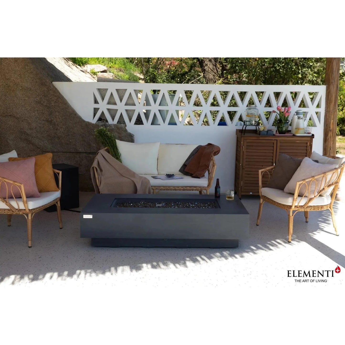 Elementi plus positano fire table with a modern gray rectangular design and black glass interior for outdoor use