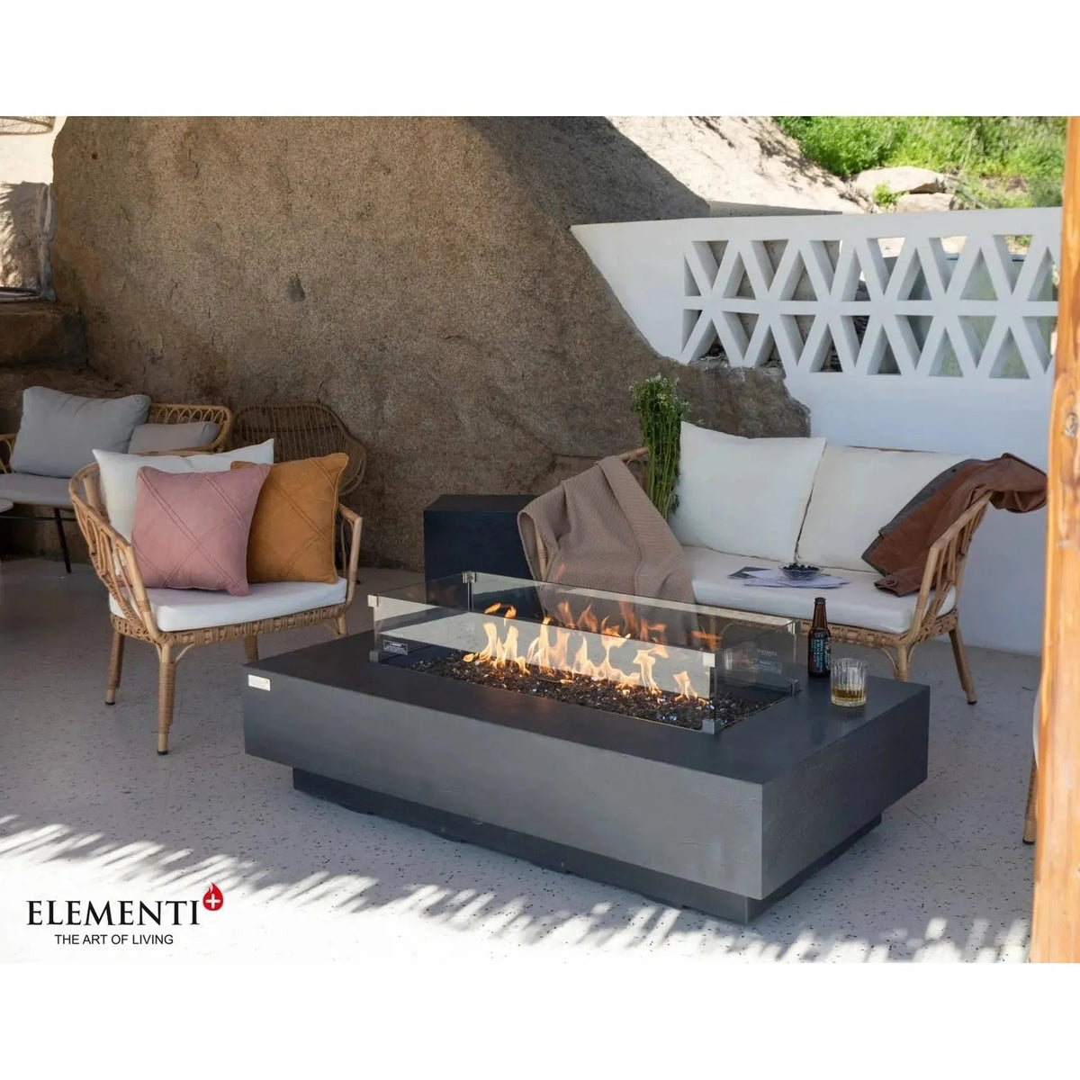Elementi Plus Positano fire table in gray with glass front and visible flames modern 16 kW rectangular fire pit
