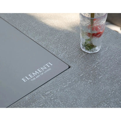 Gray rectangular elementi plus riviera fire table top with the art of living engraved in white for outdoor heating