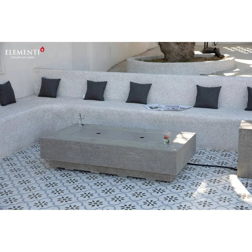 Gray concrete Elementi Plus Riviera fire pit table with two circular openings and 16 kW output model OFG415LG