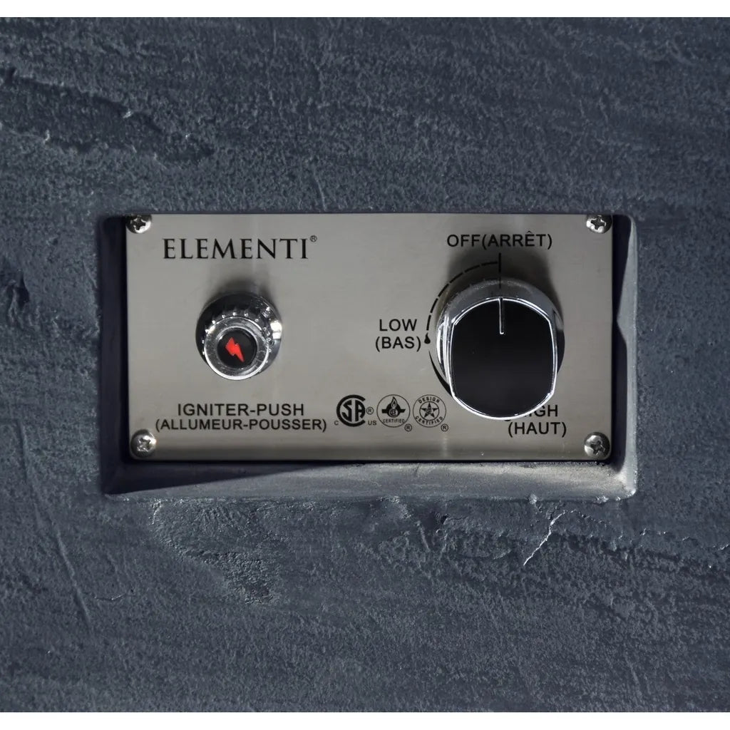 Silver metallic control panel of elementi plus roraima fire table outdoor heater with red igniter button and rotary dial