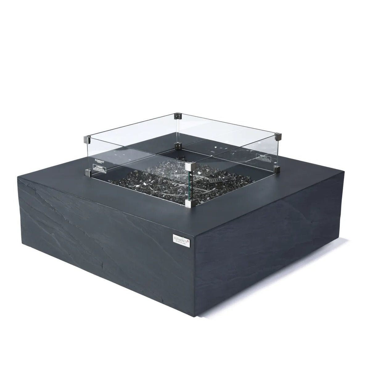 Elementi plus Roraima black square fire pit table with glass enclosure and dark gray stones for outdoor heating