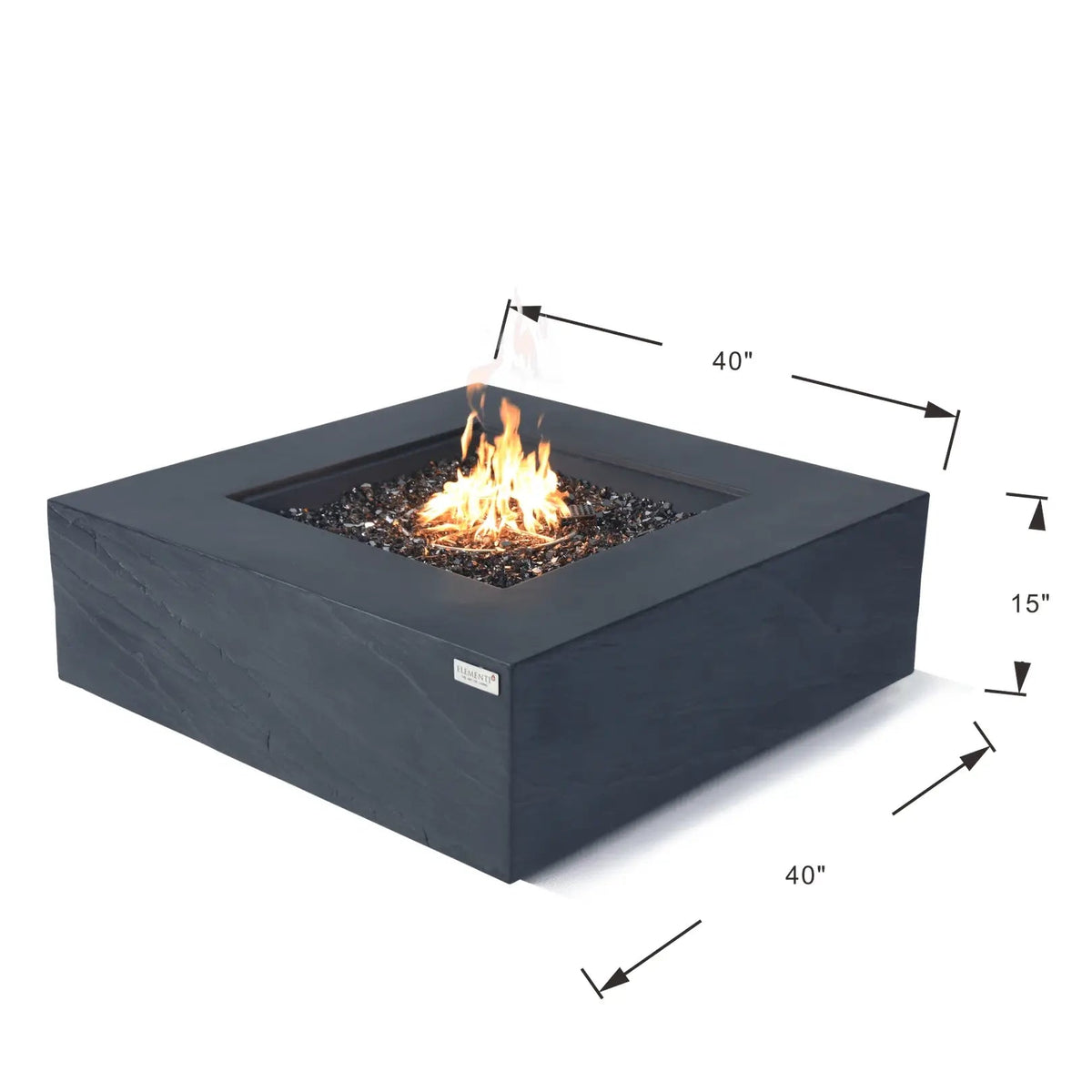 Black square Elementi Plus Roraima fire table with central flame on dark gravel 40 by 40 by 15 inches