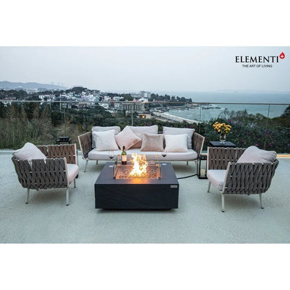 Modern gray woven outdoor sofa set with light beige cushions and metal legs paired with elementi plus roraima fire table 16 kw