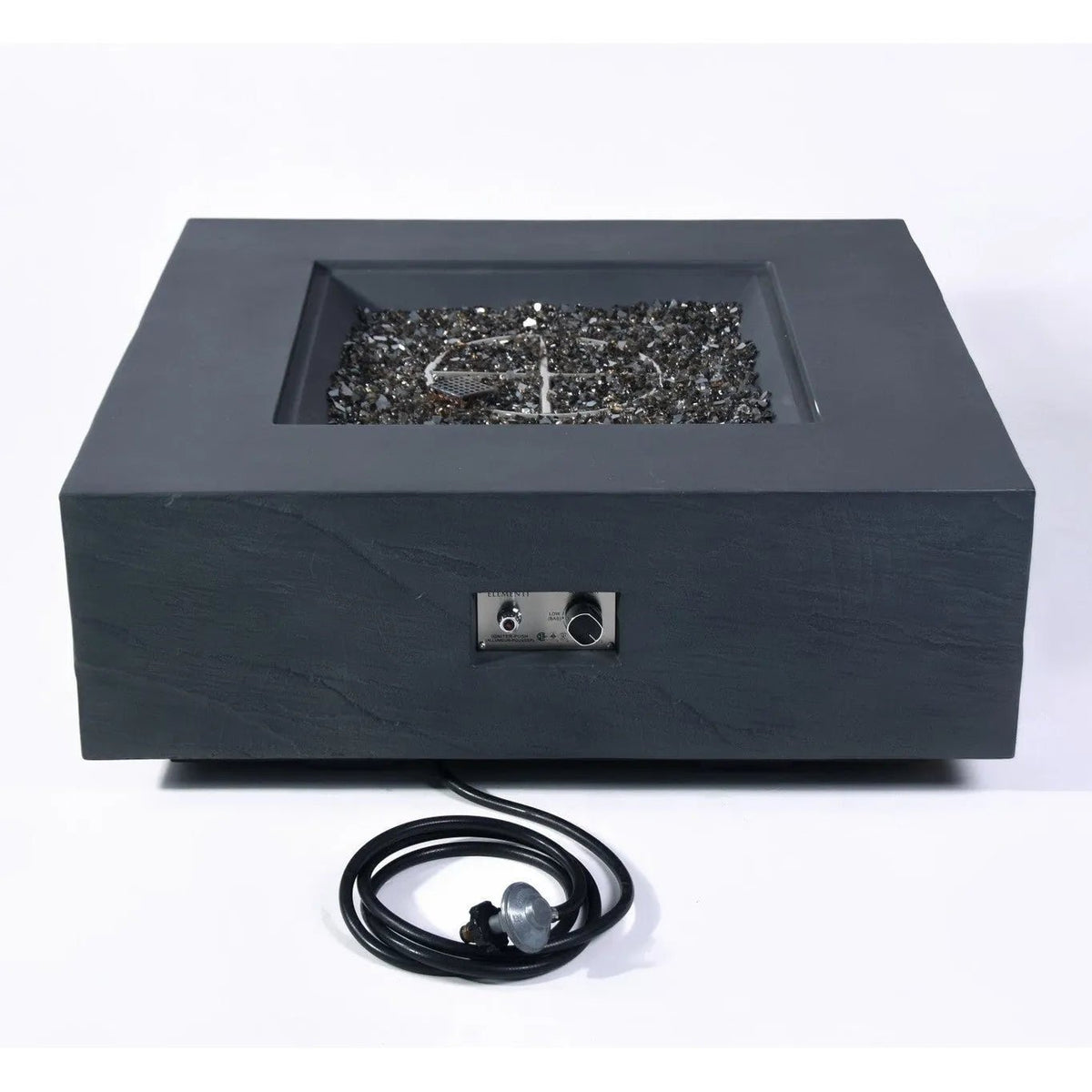Elementi Plus Roraima fire table 16 kW with modern black stone fire pit and rectangular glass-enclosed burner with gray gravel