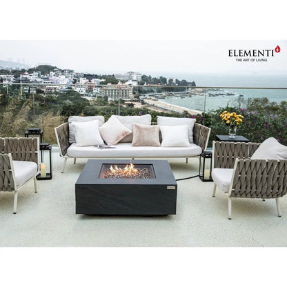 Black rectangular metal fire pit with visible flame elementi plus roraima fire table 16 kW ofg411sl
