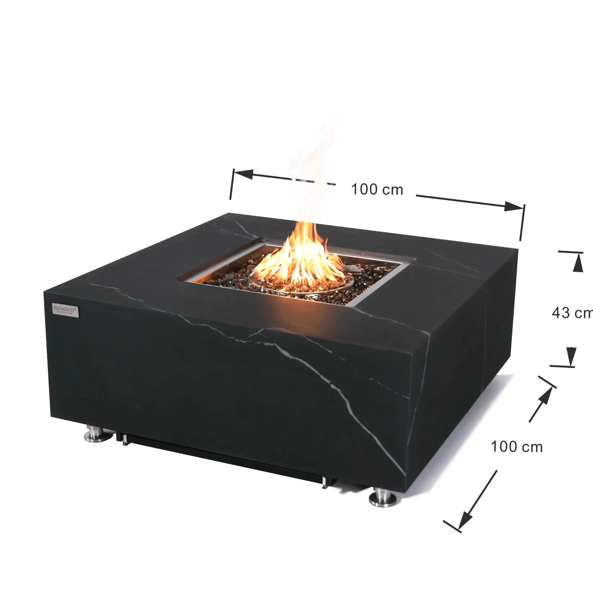 Elementi Plus Sofia fire table with black marble finish square fire pit central flame and metallic legs 16 kW