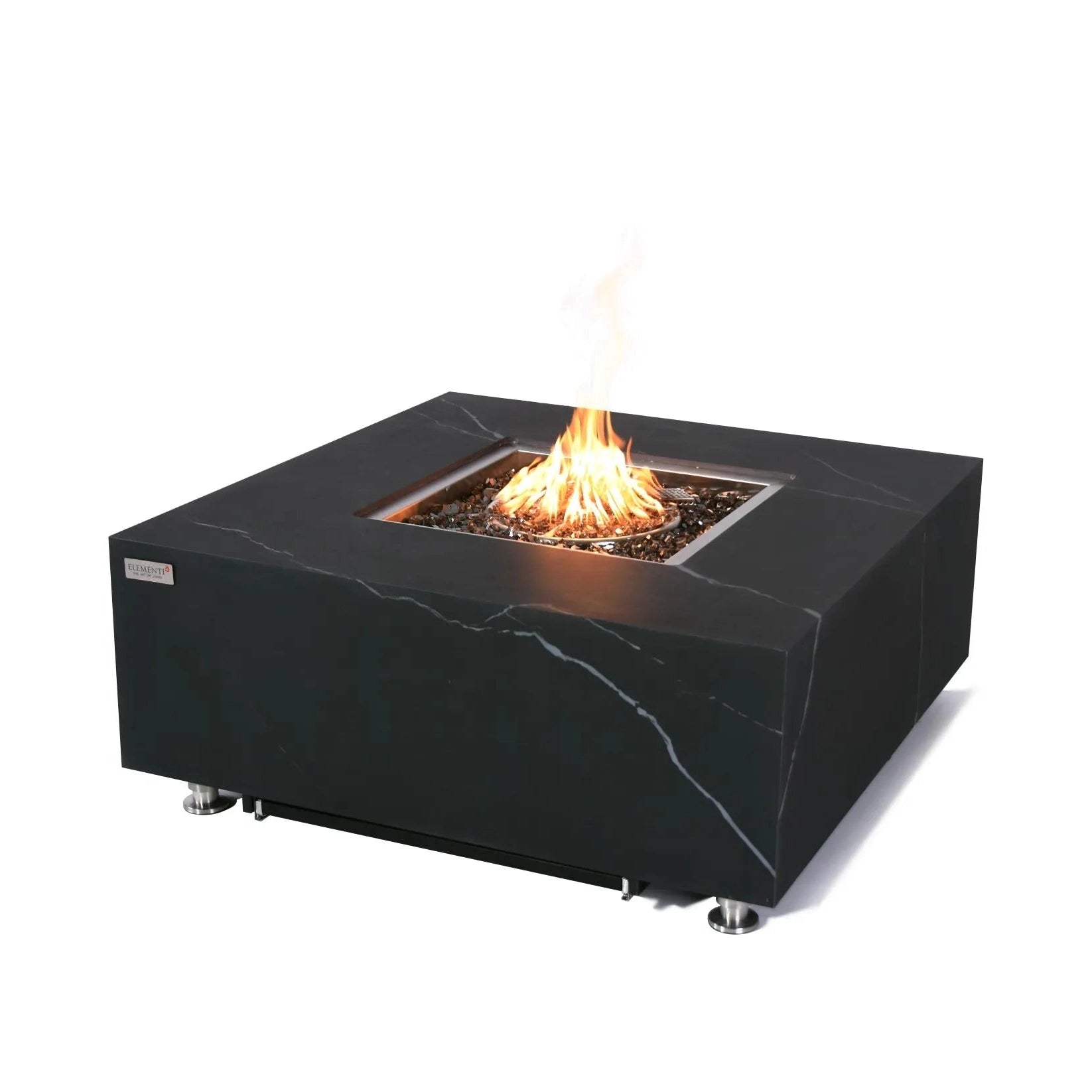 Elementi plus sofia fire table 16 kw black marble square fire pit with central flame and metallic legs