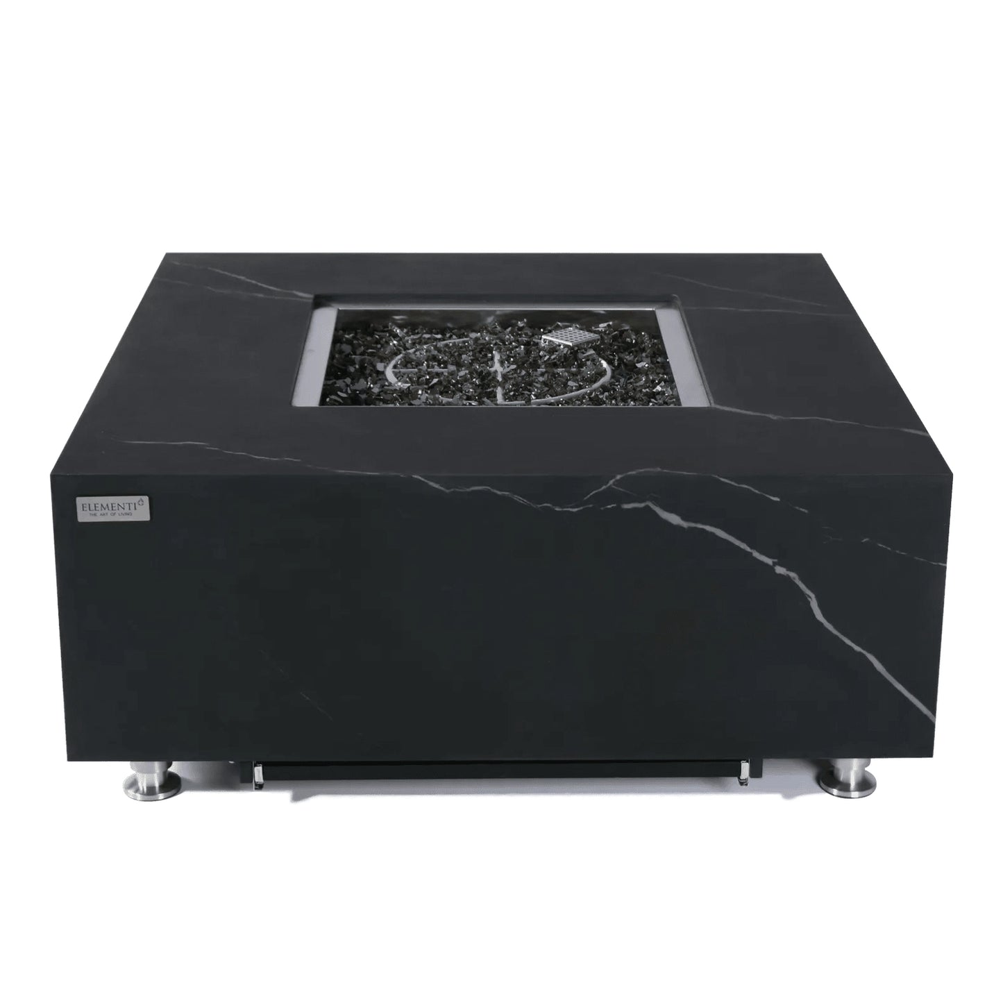 Elementi Plus Sofia fire table 16 kW black marble with rectangular glass insert and dark gray decorative stones
