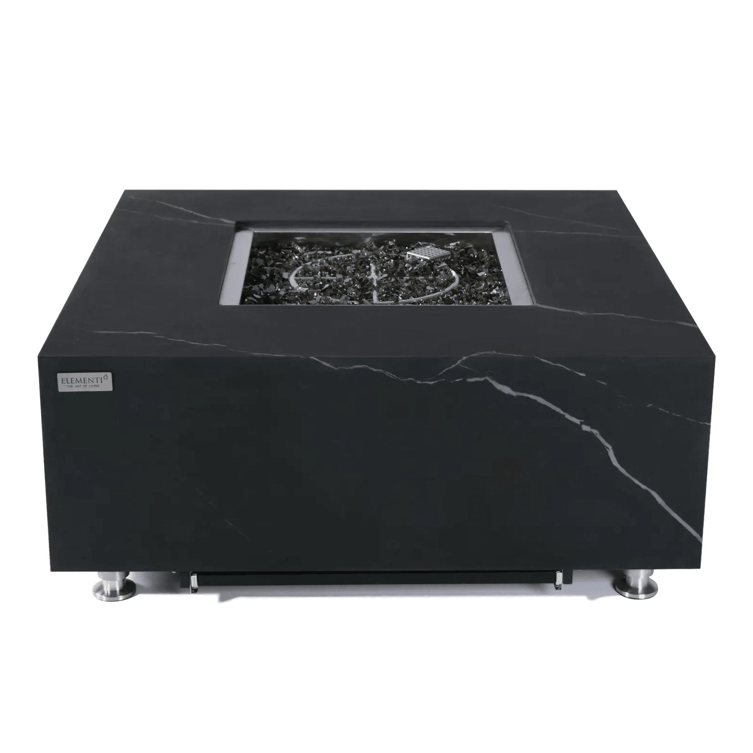 Elementi Plus Sofia fire table 16 kW black marble with rectangular glass insert and dark gray decorative stones