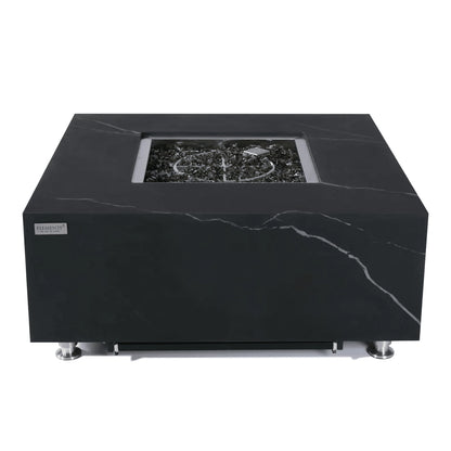 Elementi Plus Sofia fire table 16 kW black marble with rectangular glass insert and dark gray decorative stones