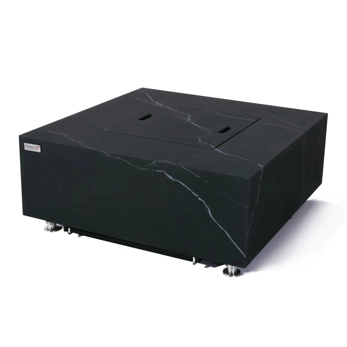 Elementi Plus Sofia fire table with 16 kW heat output black marble finish and silver metal legs rectangular design