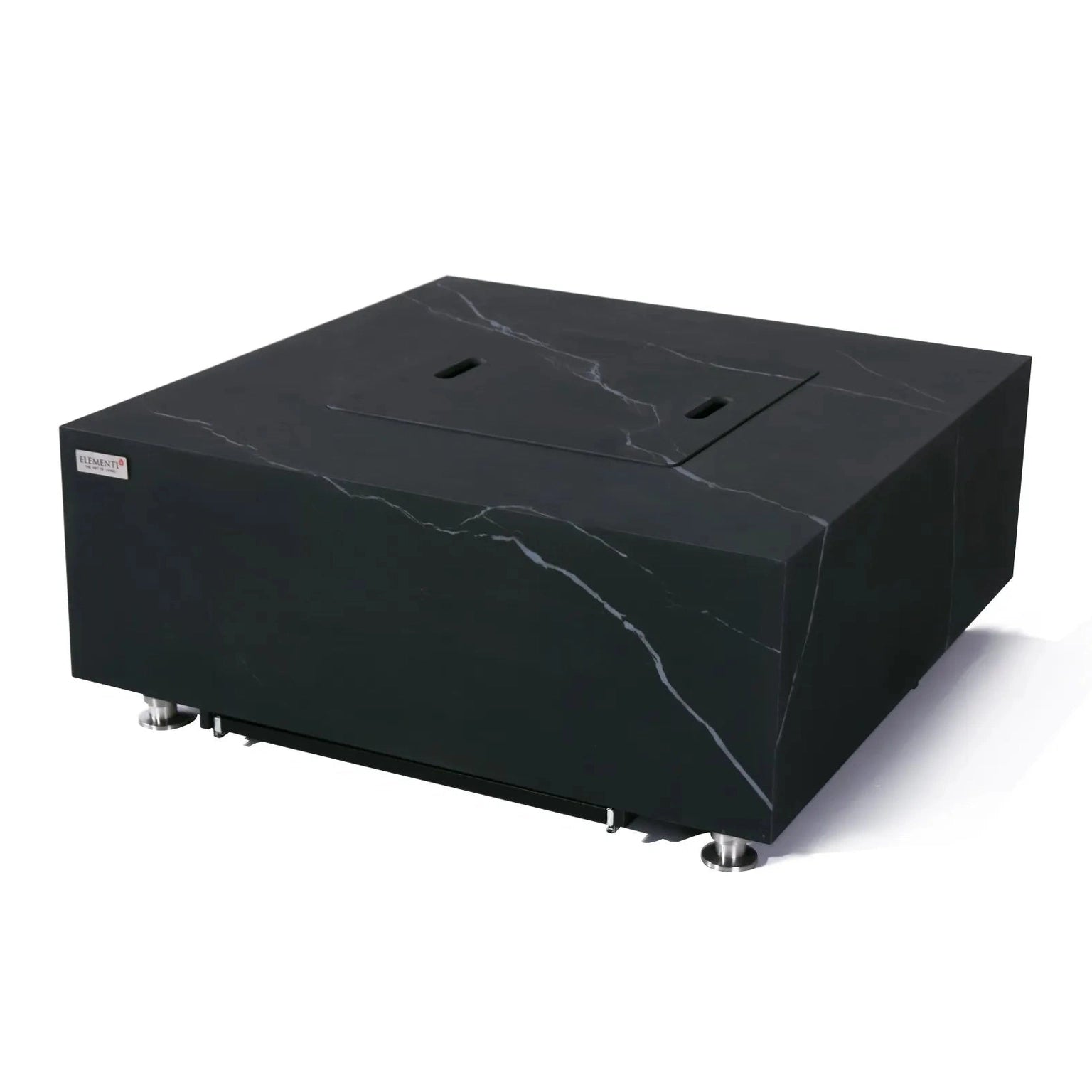 Elementi Plus Sofia fire table with 16 kW heat output black marble finish and silver metal legs rectangular design
