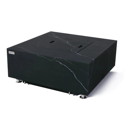 Elementi Plus Sofia fire table with 16 kW heat output black marble finish and silver metal legs rectangular design