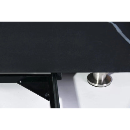 Elementi Plus Sofia Fire Table with 16 kW features a black marble tabletop and a sleek metallic circular foot