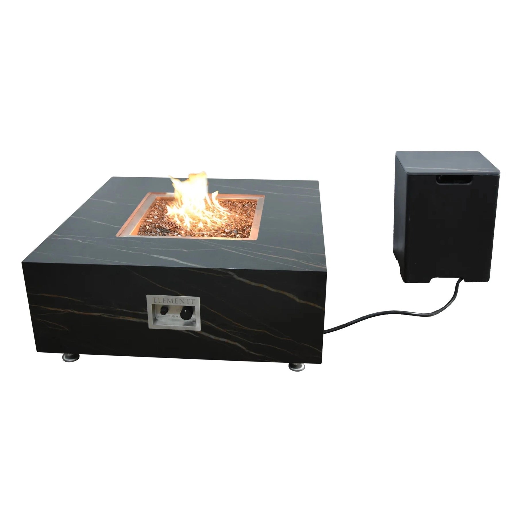 Elementi Plus Sofia fire table in black marble-effect with square flame center and control panel for outdoor use