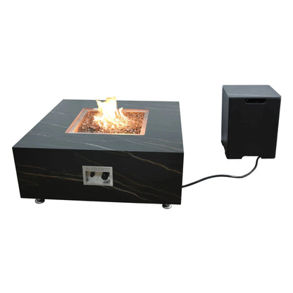 Elementi Plus Sofia fire table in black marble-effect with square flame center and control panel for outdoor use