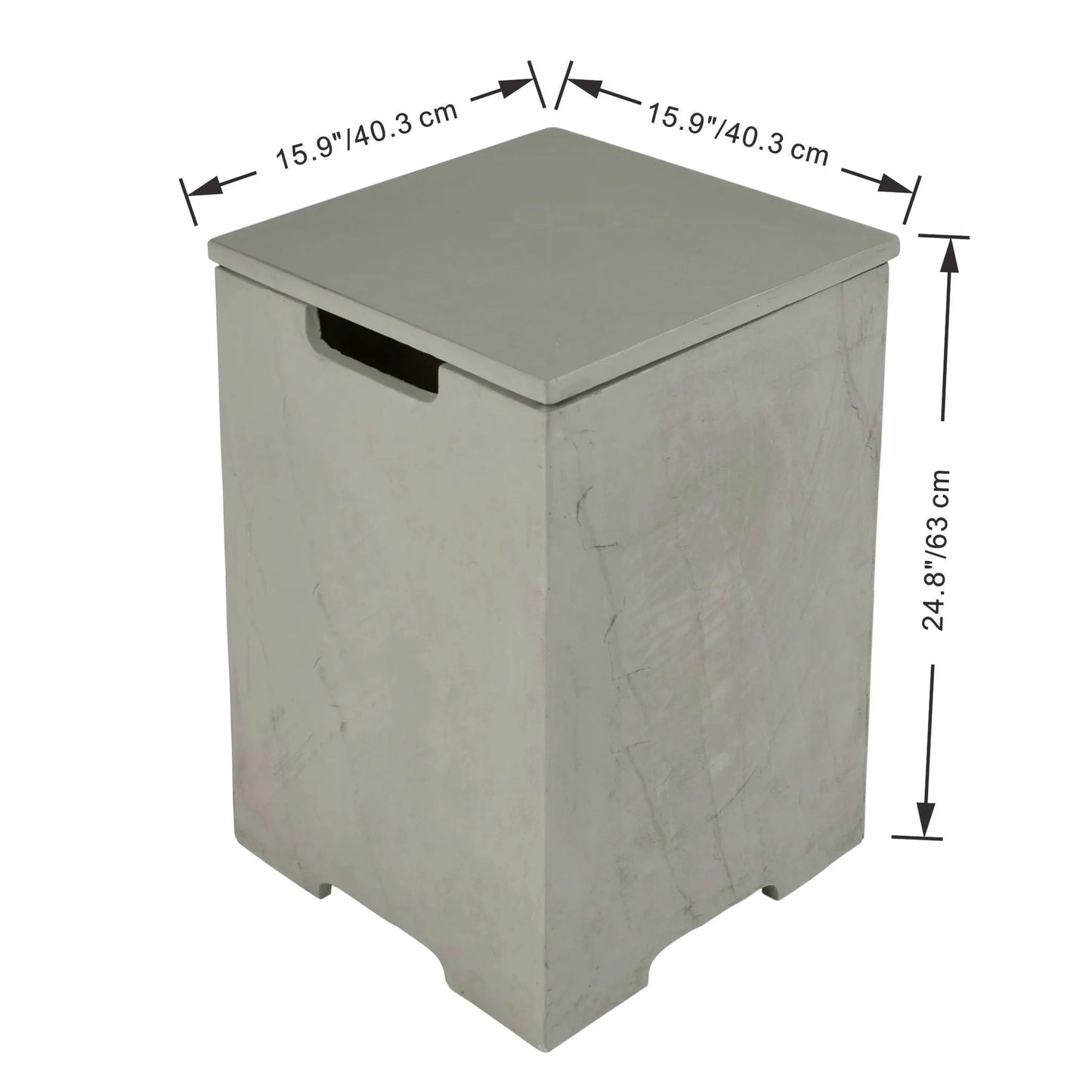 Gray concrete-textured Elementi Plus tank cover with matching lid and black handle for laundry hamper use