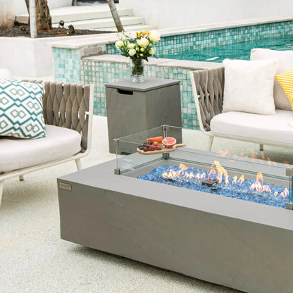 Gray rectangular fire pit with blue glass beads and clear glass front elementi plus tank cover space grey onb404sg