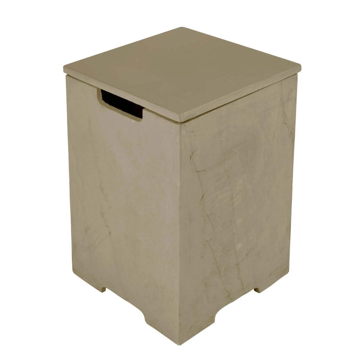 Beige marble-effect laundry hamper in sunlight yellow with matching lid and black handle by Elementi Plus