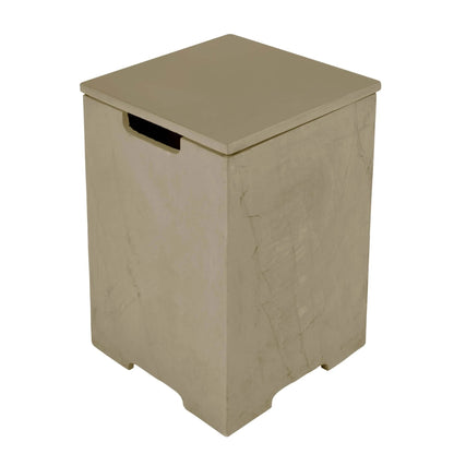 Beige marble-effect laundry hamper in sunlight yellow with matching lid and black handle by Elementi Plus