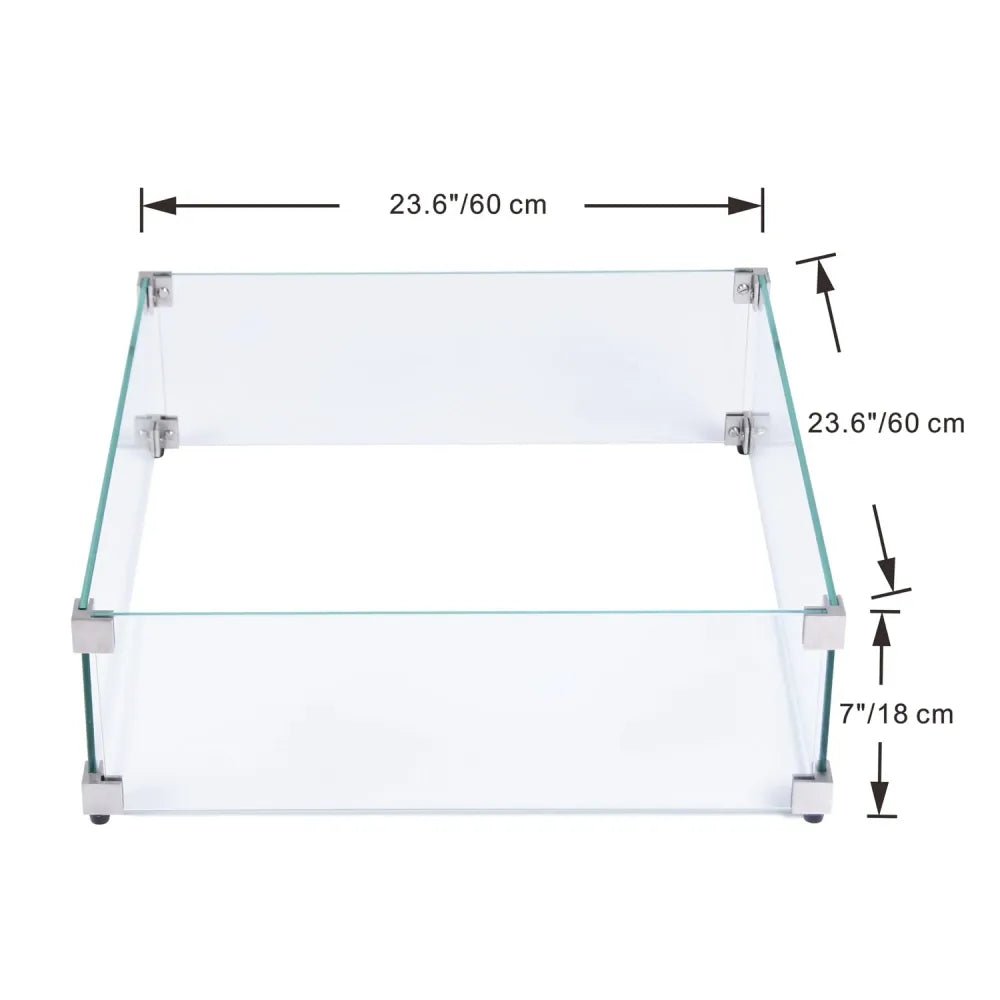 Elementi Plus tempered glass fire pit enclosure with clear glass silver metal corner brackets and black rubber feet