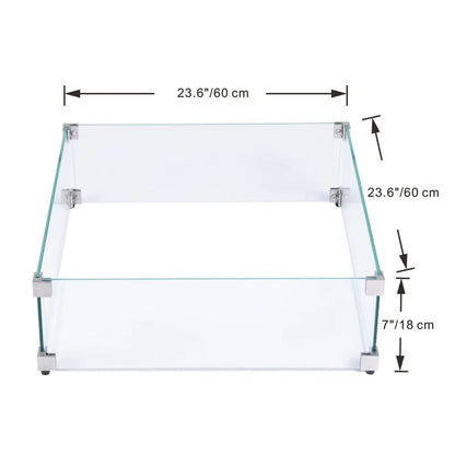 Elementi Plus tempered glass fire pit enclosure with clear glass silver metal corner brackets and black rubber feet