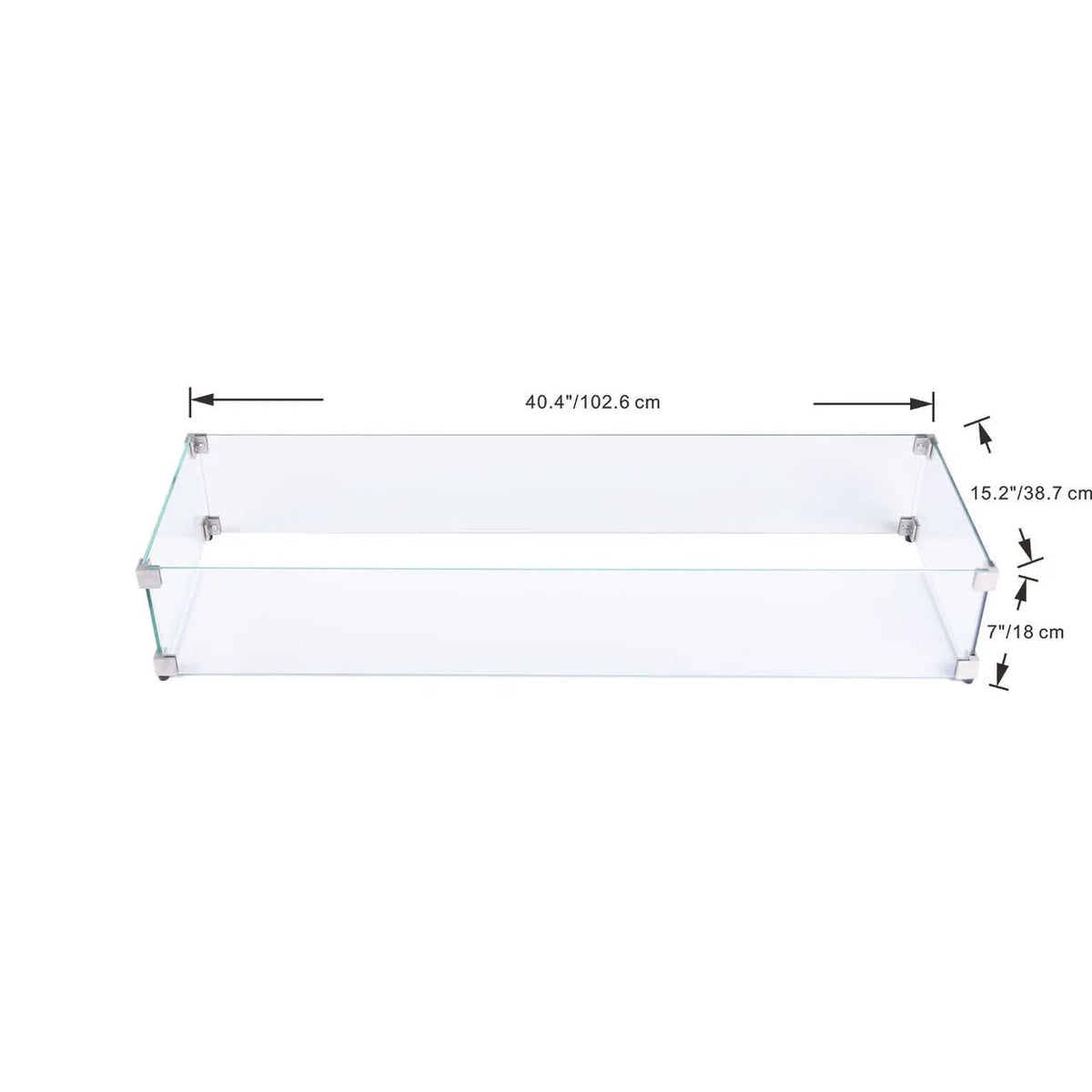 Clear glass two-tiered fire pit with silver metal corners featuring Elementi plus tempered glass wind screens rectangular square and round