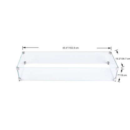 Clear glass two-tiered fire pit with silver metal corners featuring Elementi plus tempered glass wind screens rectangular square and round