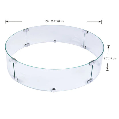 Clear glass fire pit screen with silver metal hinges and brackets from elementi plus tempered glass wind screens collection