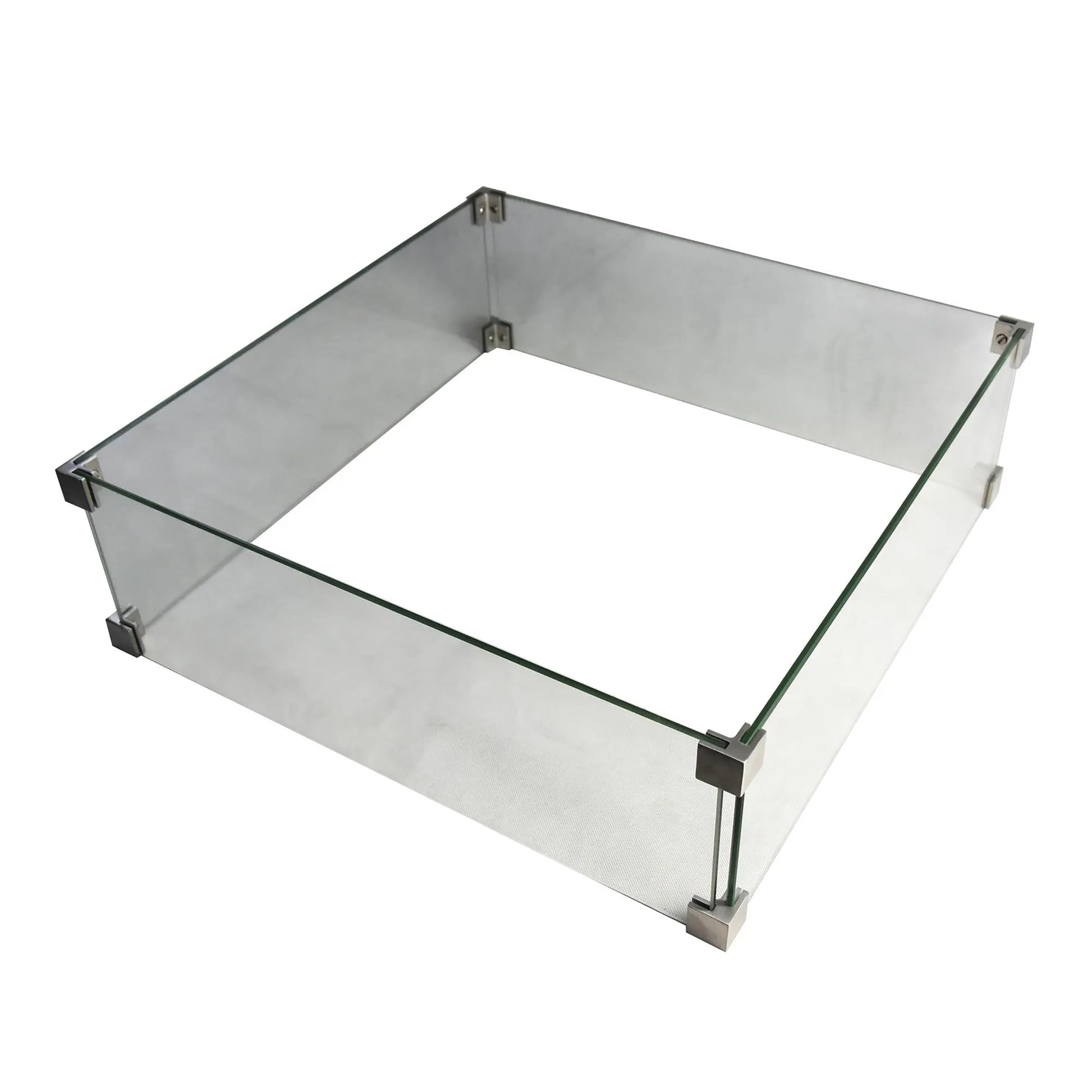 Elementi Plus tempered glass fire pit enclosure with clear glass panels and metallic corner brackets for wind protection