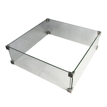 Elementi Plus tempered glass fire pit enclosure with clear glass panels and metallic corner brackets for wind protection
