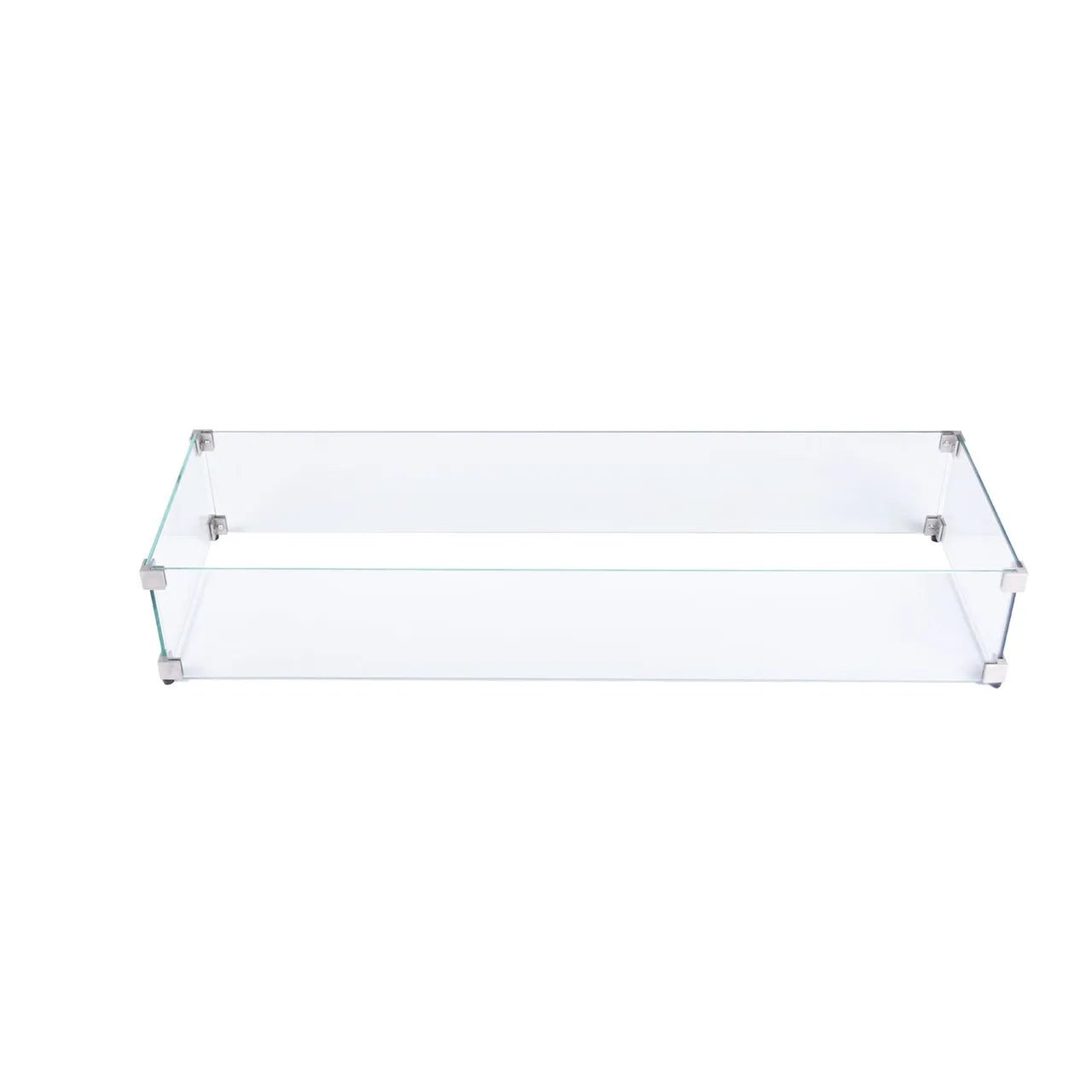 Clear glass fire pit with silver metal corners and feet featuring elementi plus tempered glass wind screens rectangular square and round