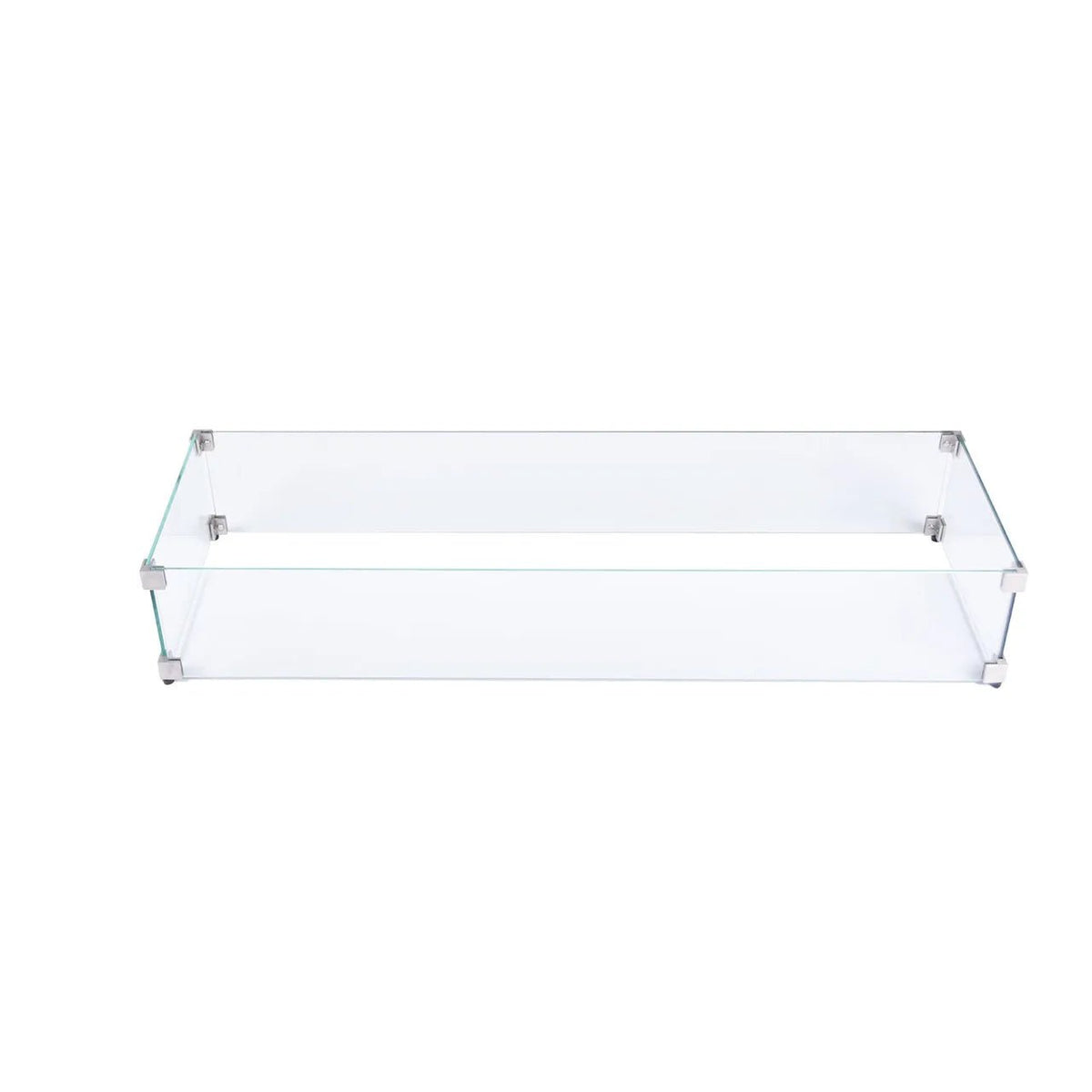 Clear glass fire pit with silver metal corners and feet featuring elementi plus tempered glass wind screens rectangular square and round