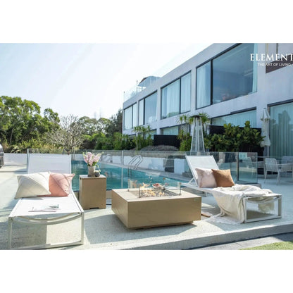 Beige rectangular elementi plus uluru fire table with glass enclosure and visible flames 16 kw ofg411sy