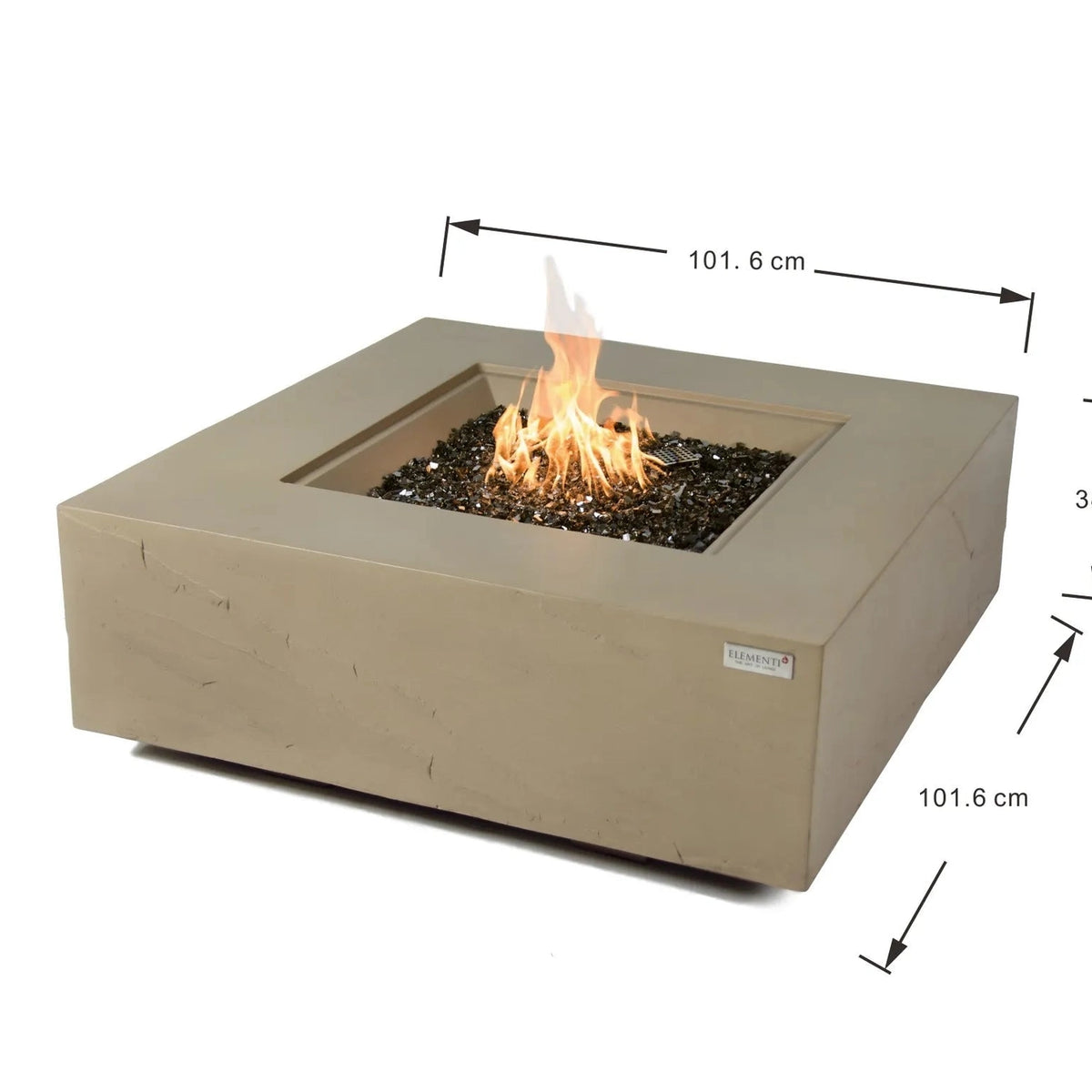 Beige square elementi plus uluru fire table with central flame and dark glass beads 16 kW OFG411SY