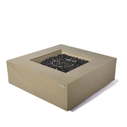 Elementi plus uluru fire table beige concrete square fire pit with recessed center black glass beads and metal burner grate