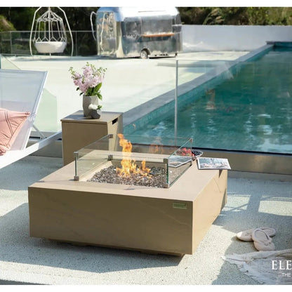 Beige square fire pit elementi plus uluru fire table with glass enclosure and burning flames 16 kw ofg411sy