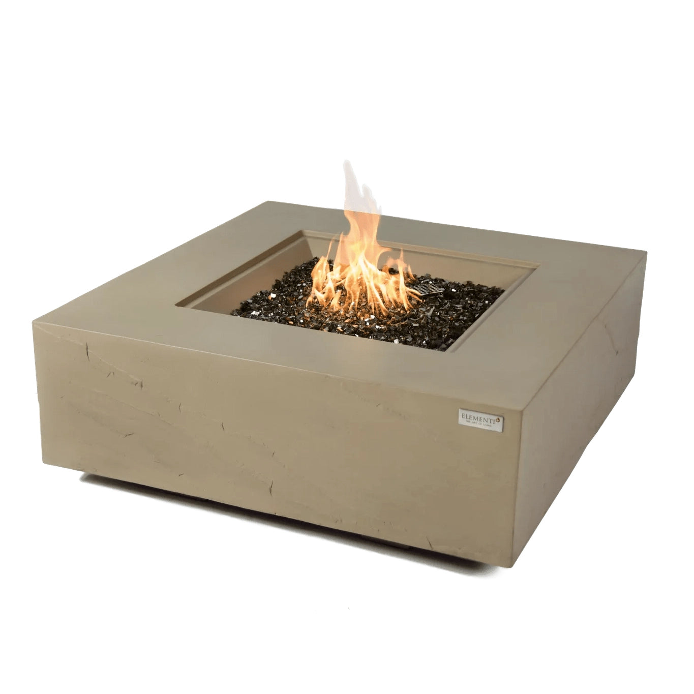 Beige square elementi plus uluru fire table with central flame and dark glass beads 16 kw ofg411sy