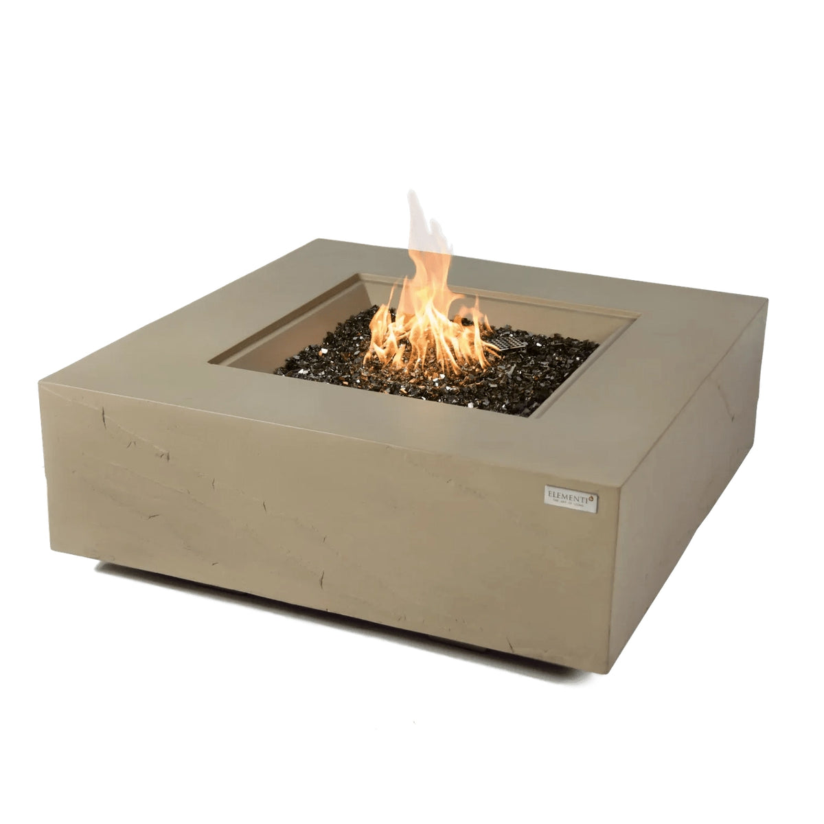 Beige square elementi plus uluru fire table with central flame and dark glass beads 16 kw ofg411sy